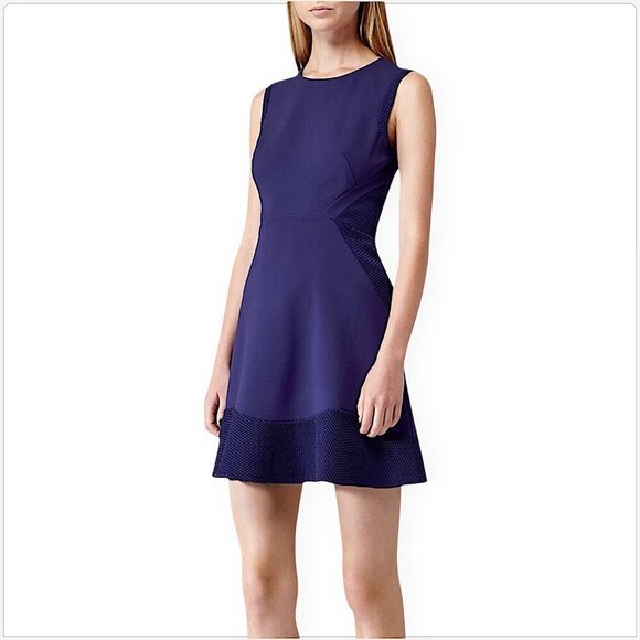 REISS Toluca Blue Passion Textured Trim Sexy Fit and Flare Stretch Dress Size 2 - Picture 1 of 7